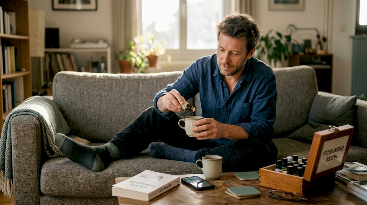 Un homme ajoute quelques gouttes d’huile de CBD dans sa tasse de thé, confortablement installé chez lui.