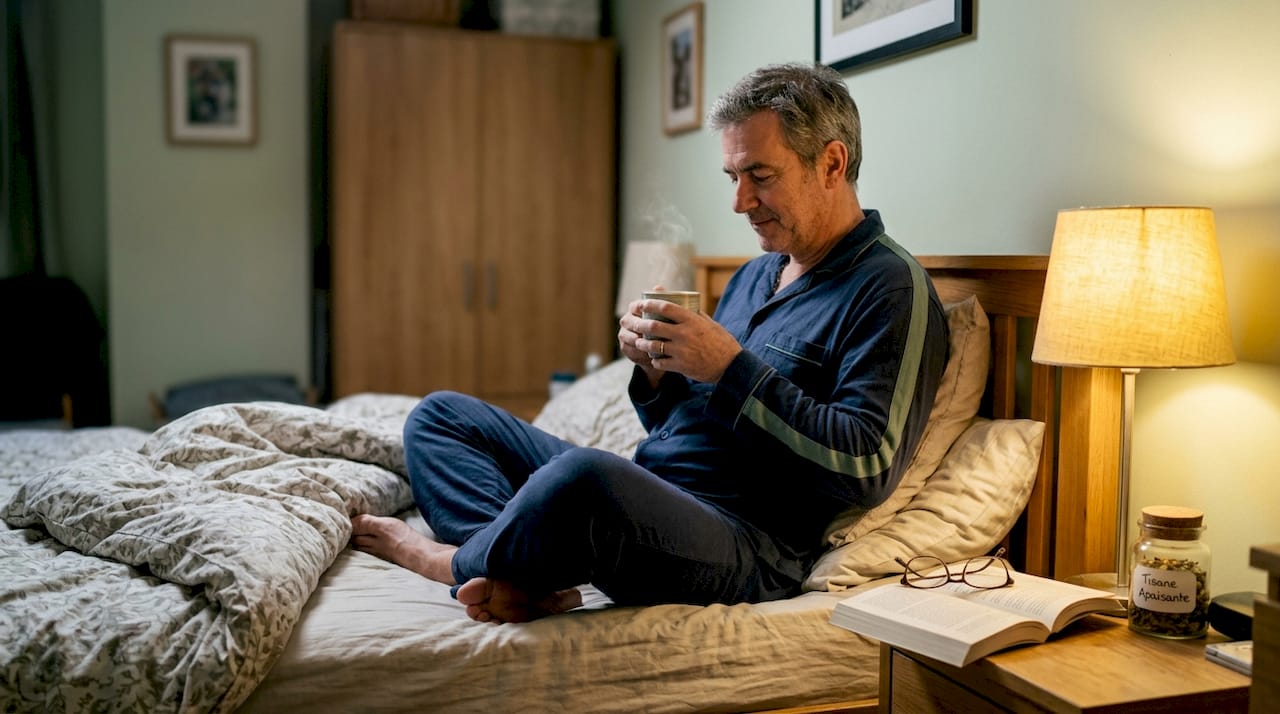 Un homme profite d'une tisane dans sa chambre, avec à ses côtés un pot de CBD.