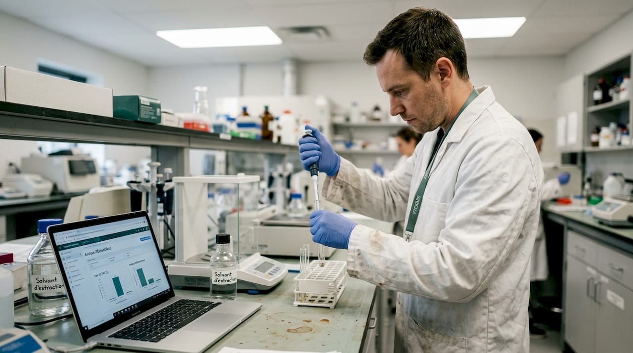 Un technicien effectue le contrĂŽle qualitĂ© pour sâassurer que le CBD respecte toutes les normes en vigueur.