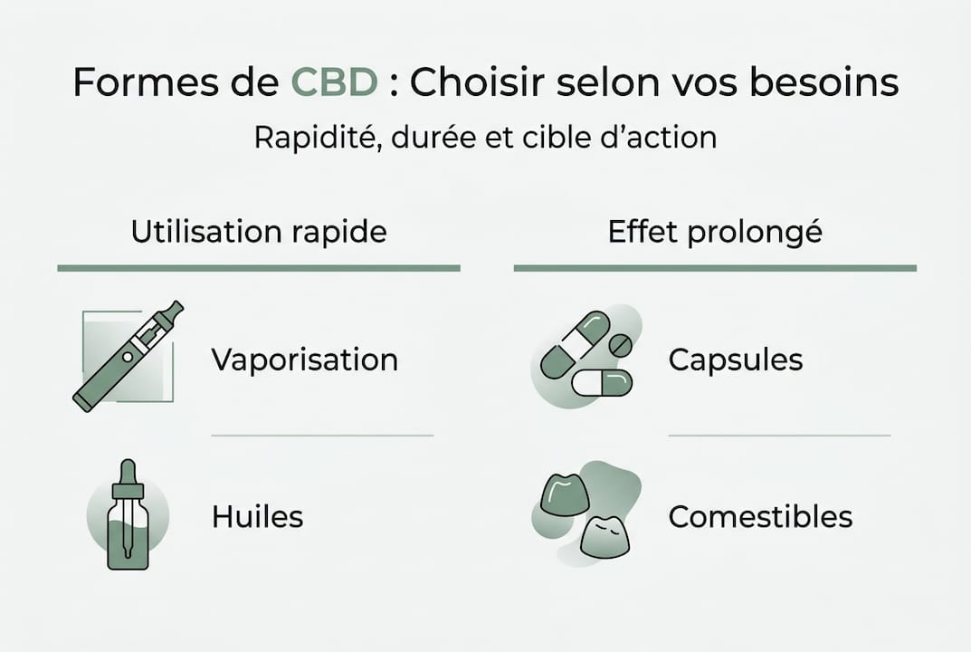 Infographie : comparaison des différentes formes de CBD selon la rapidité d’action et la durée des effets