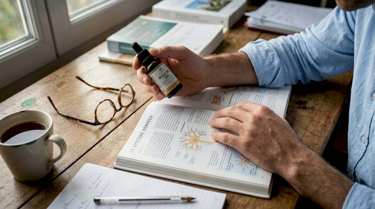 Une main tient un flacon de CBD posé sur un manuel médical.