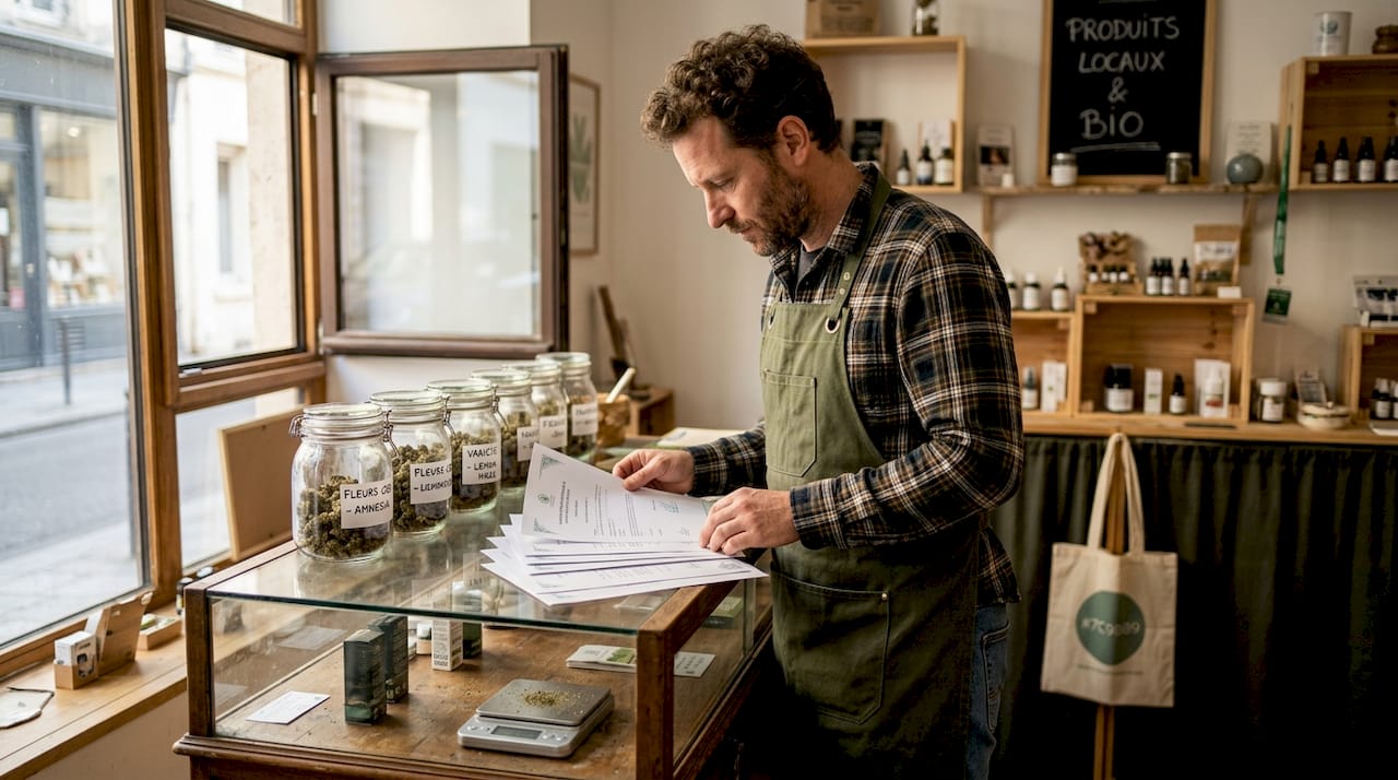 Le gérant du magasin de CBD vérifie les certificats des produits en rayon.