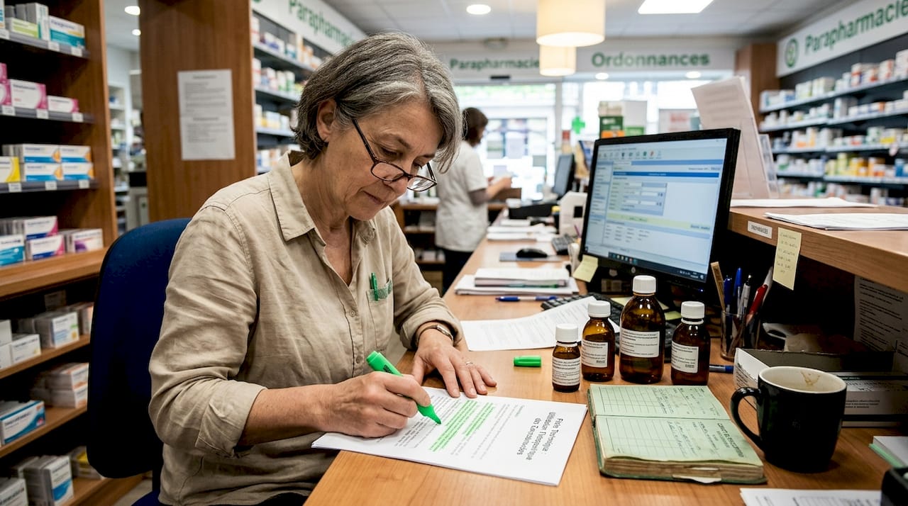 Une pharmacienne examine attentivement la documentation professionnelle concernant les cannabinoïdes.