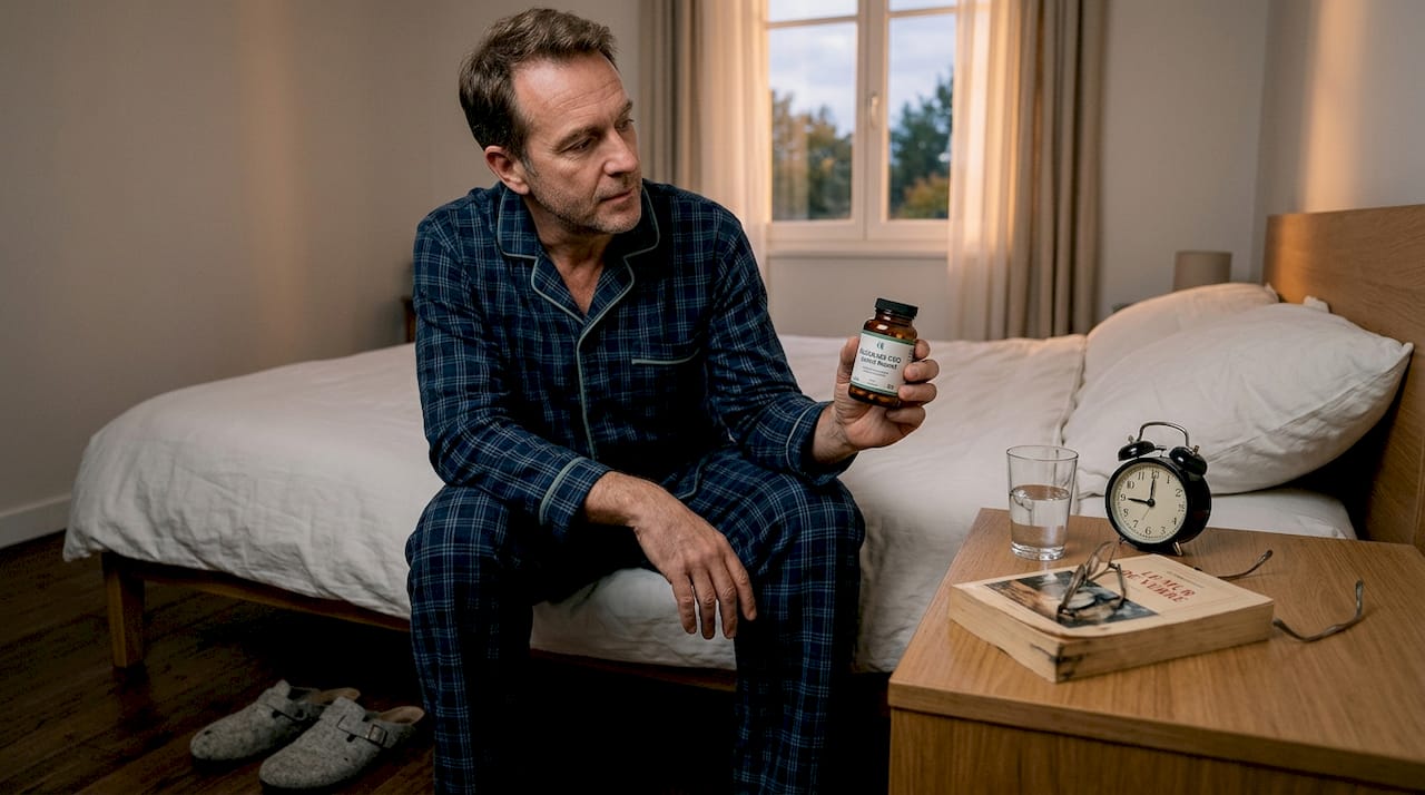 Un homme prépare sa dose de CBD avant d’aller se coucher pour passer une nuit paisible.