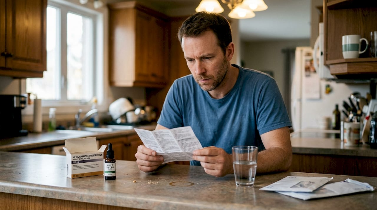 Un homme feuillette la notice de son traitement contre l’épilepsie, posé à côté d’un flacon d’huile de CBD.