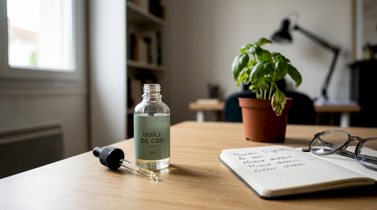 Un flacon d’huile de CBD posé sur le bureau, dans un espace de télétravail.