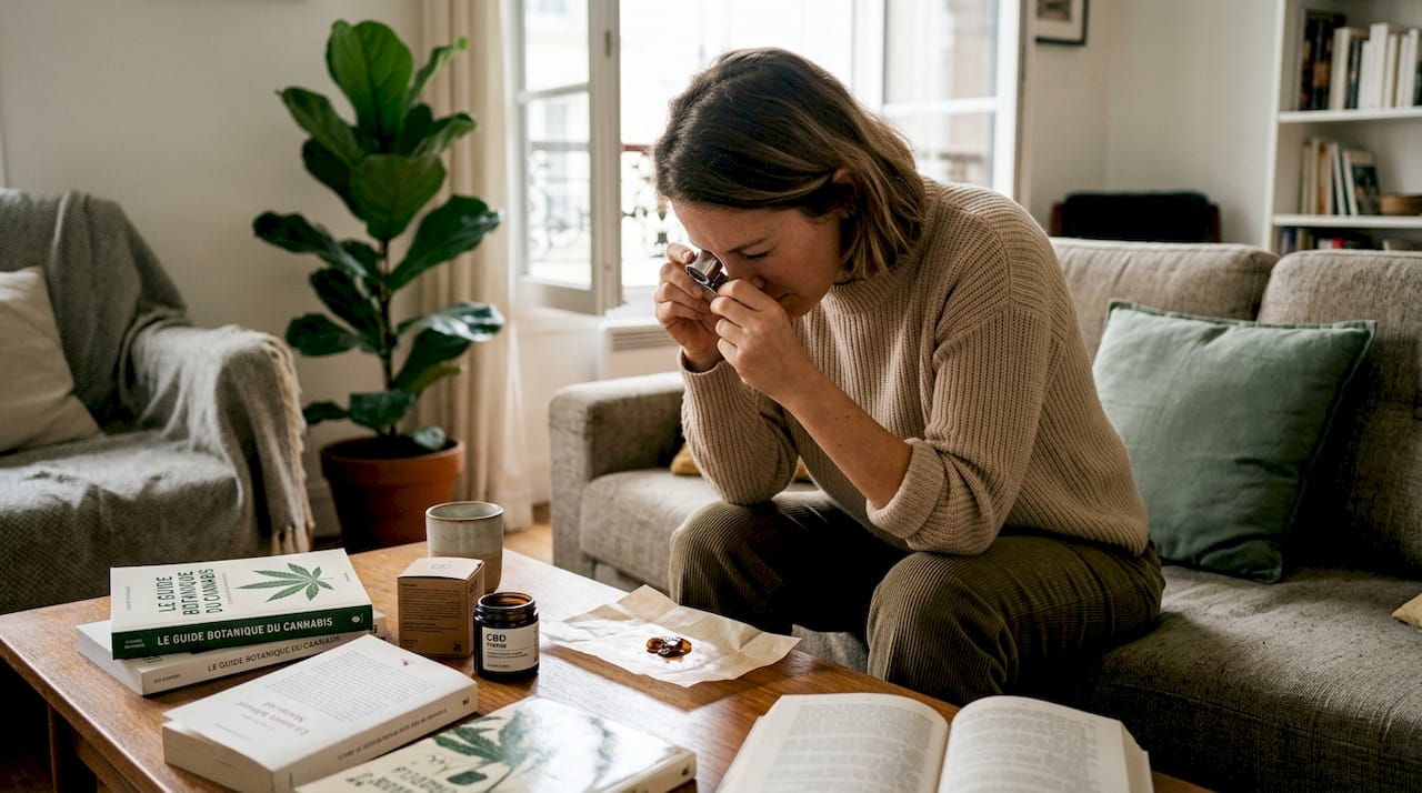 Assise dans son salon, une femme observe attentivement un échantillon de résine de CBD posé sur la table devant elle.
