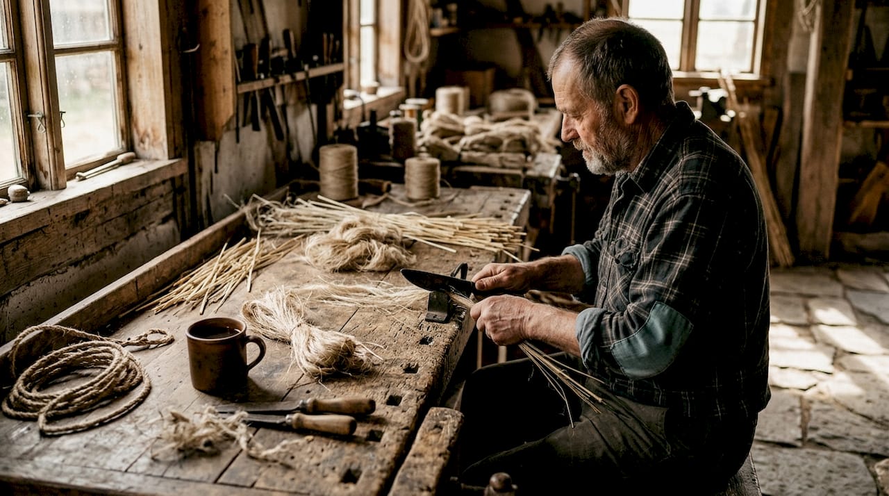 Un artisan travaille la fibre de chanvre dans son atelier, maîtrisant chaque geste pour préparer cette matière naturelle avec soin.