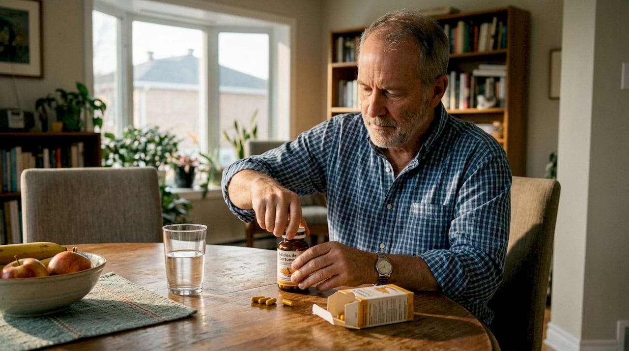 Un homme s’apprête à ouvrir un flacon de gélules de curcuma, installé à sa table.