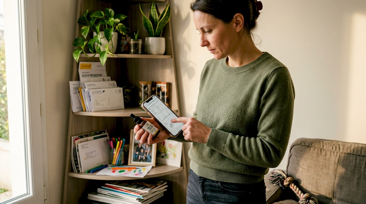 Une femme vérifie la qualité de son CBD en consultant le certificat d’analyse.