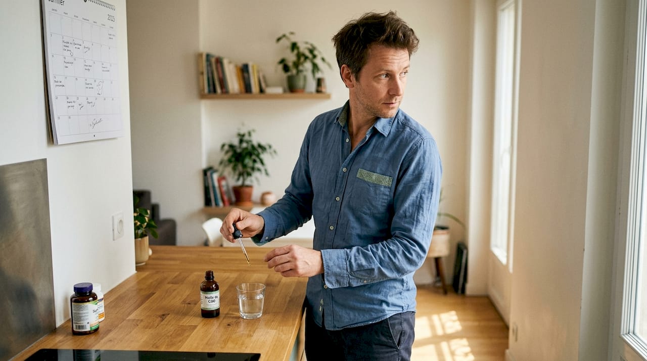 Un homme ajuste sa prise de CBD tranquillement chez lui