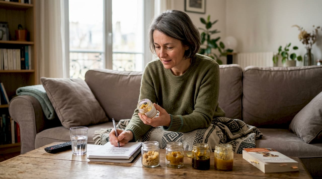 Une femme examine attentivement différents pots de résine CBD pour choisir celui qui lui convient le mieux.