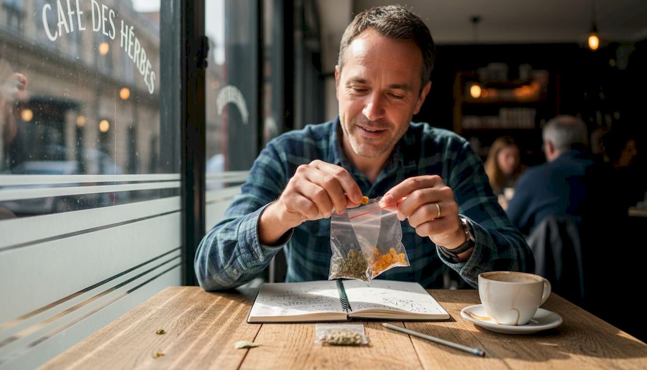 Dans un café, un homme examine différentes variétés de fleurs de CBD, prenant le temps de comparer leurs arômes et leurs particularités.