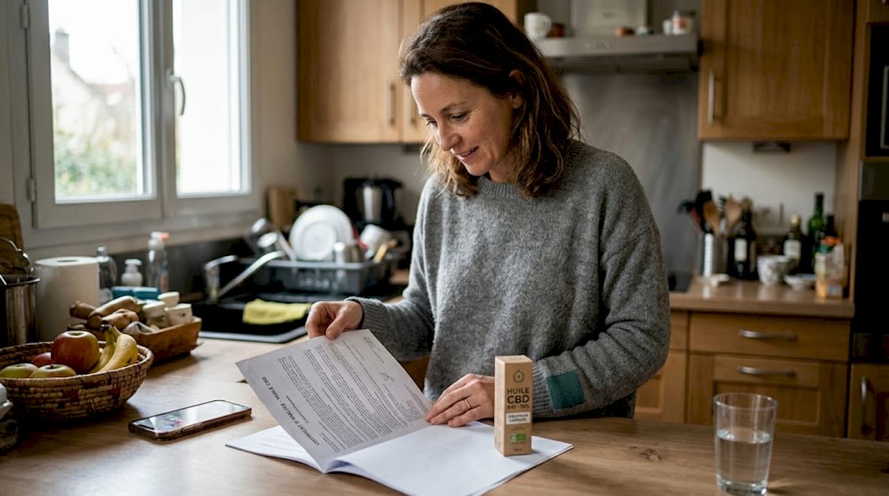 Une femme consulte le certificat d’analyse d’un produit au CBD dans sa cuisine.