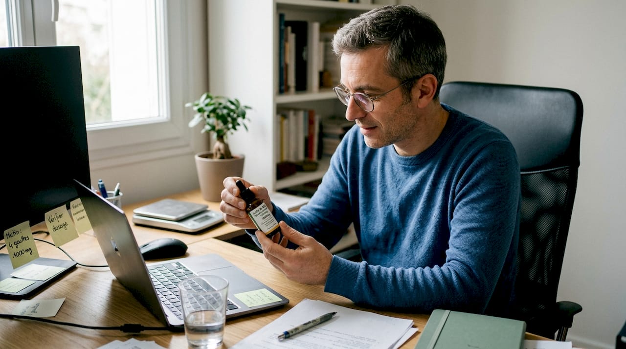 Un homme assis à son bureau prend le temps de contrôler avec précision le dosage de son huile de CBD.