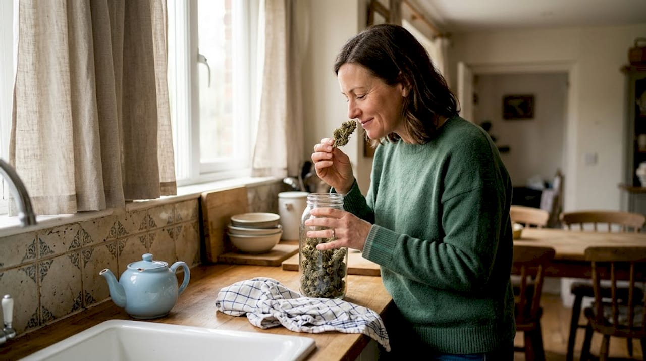 Une femme examine attentivement une fleur de chanvre dans sa cuisine.