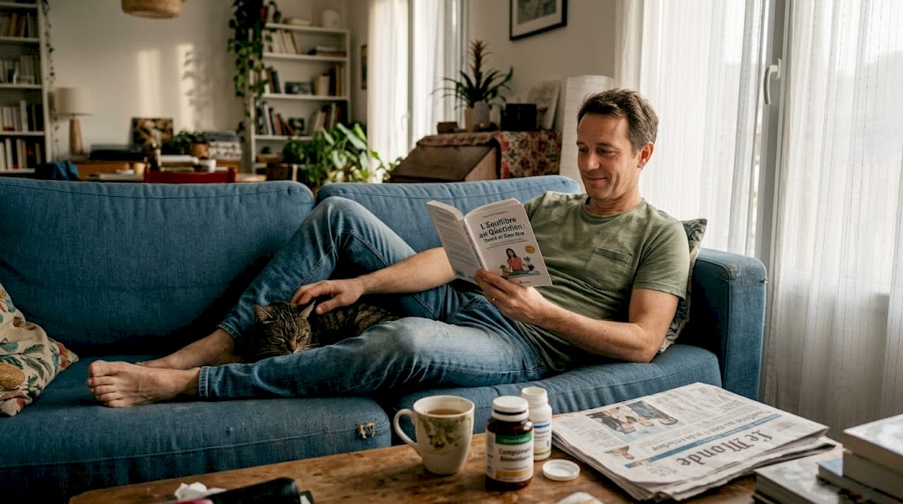 Un homme profite d’un moment de détente chez lui, installé avec un livre et son chat blotti à ses côtés.
