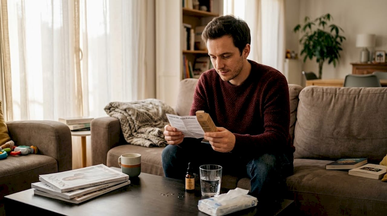 Chez lui, un homme prend le temps de parcourir la notice d’un produit à base de CBD.