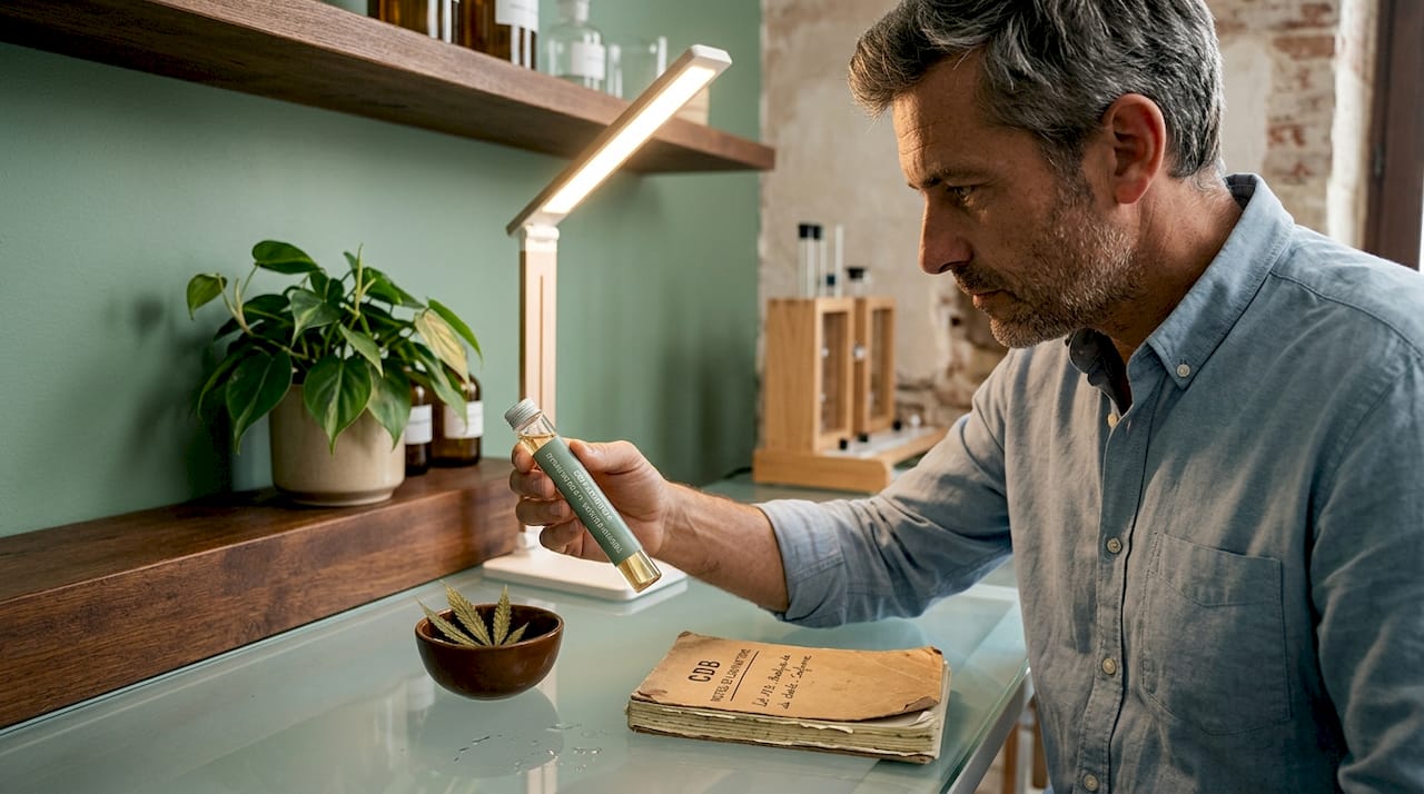 Un homme analyse un extrait de CBD dans son laboratoire artisanal.