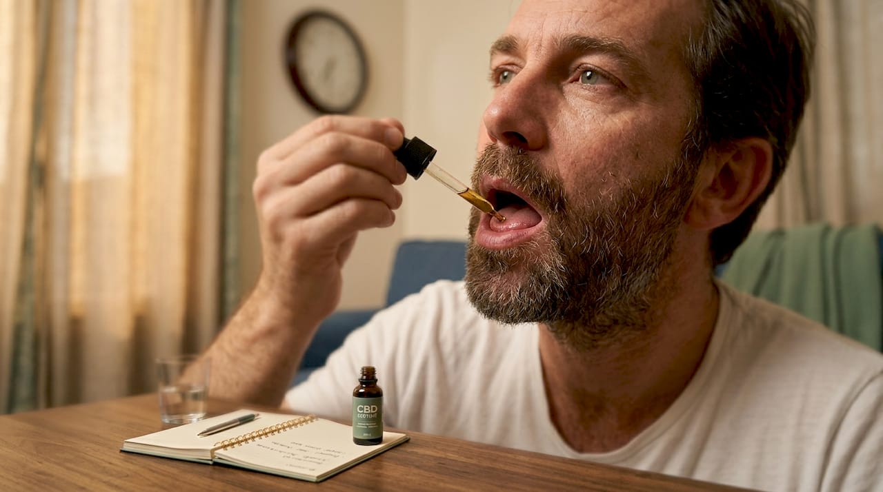 Un homme utilise de l'huile de CBD dans son salon.