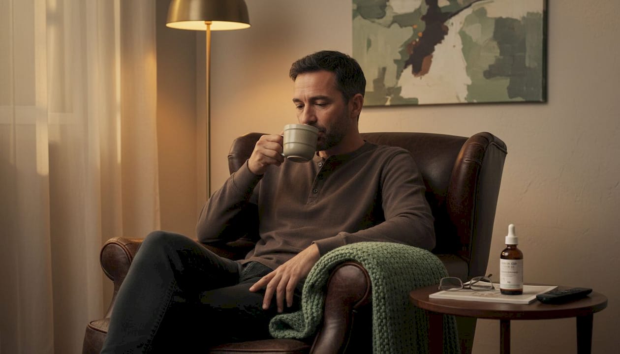 Un homme profite d’un moment de détente chez lui, une tasse de thé à la main et quelques gouttes d’huile de CBD pour se relaxer pleinement.
