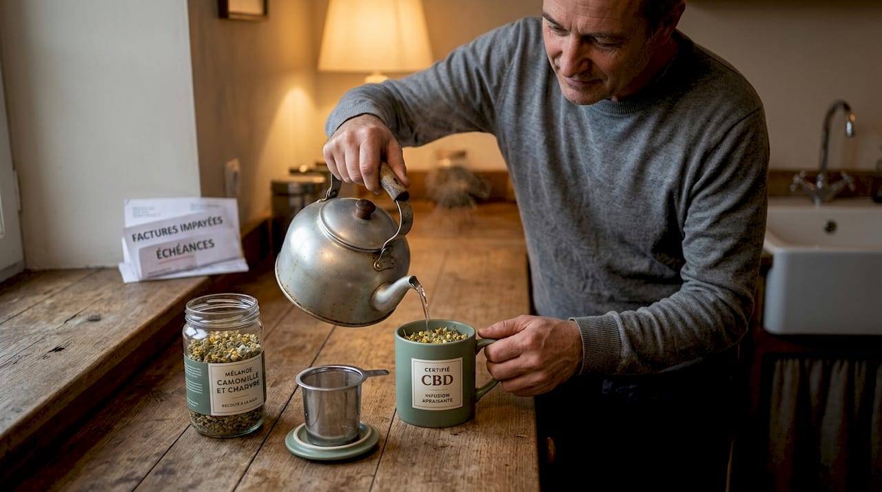 Un homme en train de préparer une infusion de chanvre et de camomille