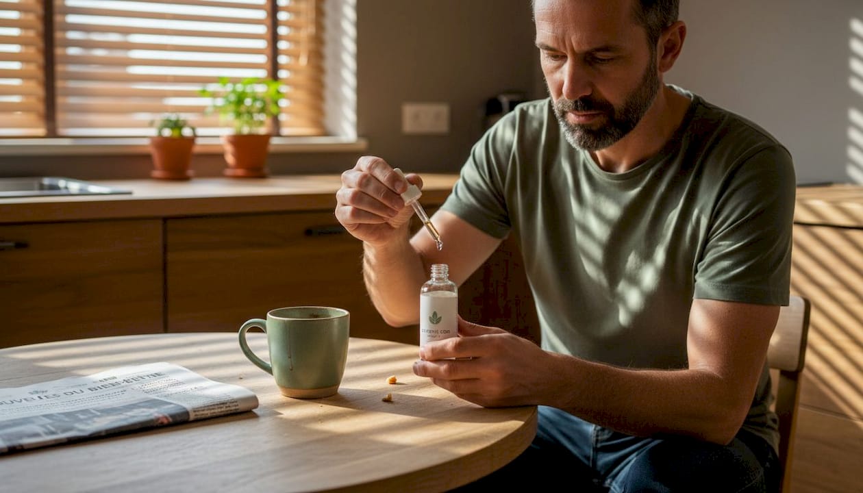 Un homme mesure sa dose de CBD isolé, installé à la table de sa cuisine.