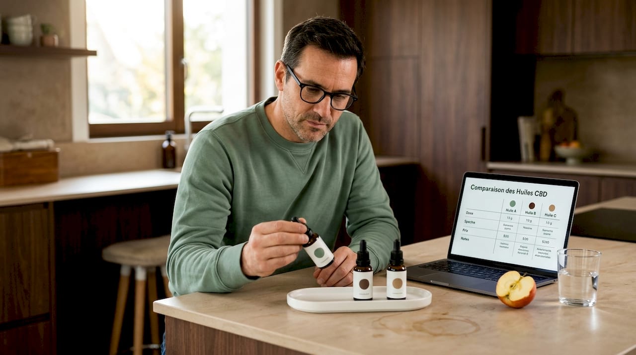 Un homme examine attentivement plusieurs flacons de CBD posés sur le plan de travail de sa cuisine, cherchant à comparer leurs caractéristiques avant de faire son choix.