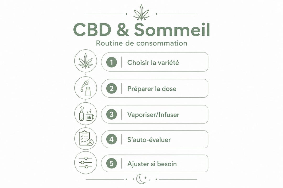 Infographie : les étapes clés pour intégrer le CBD dans votre routine, afin d'améliorer votre sommeil et réduire l'anxiété.