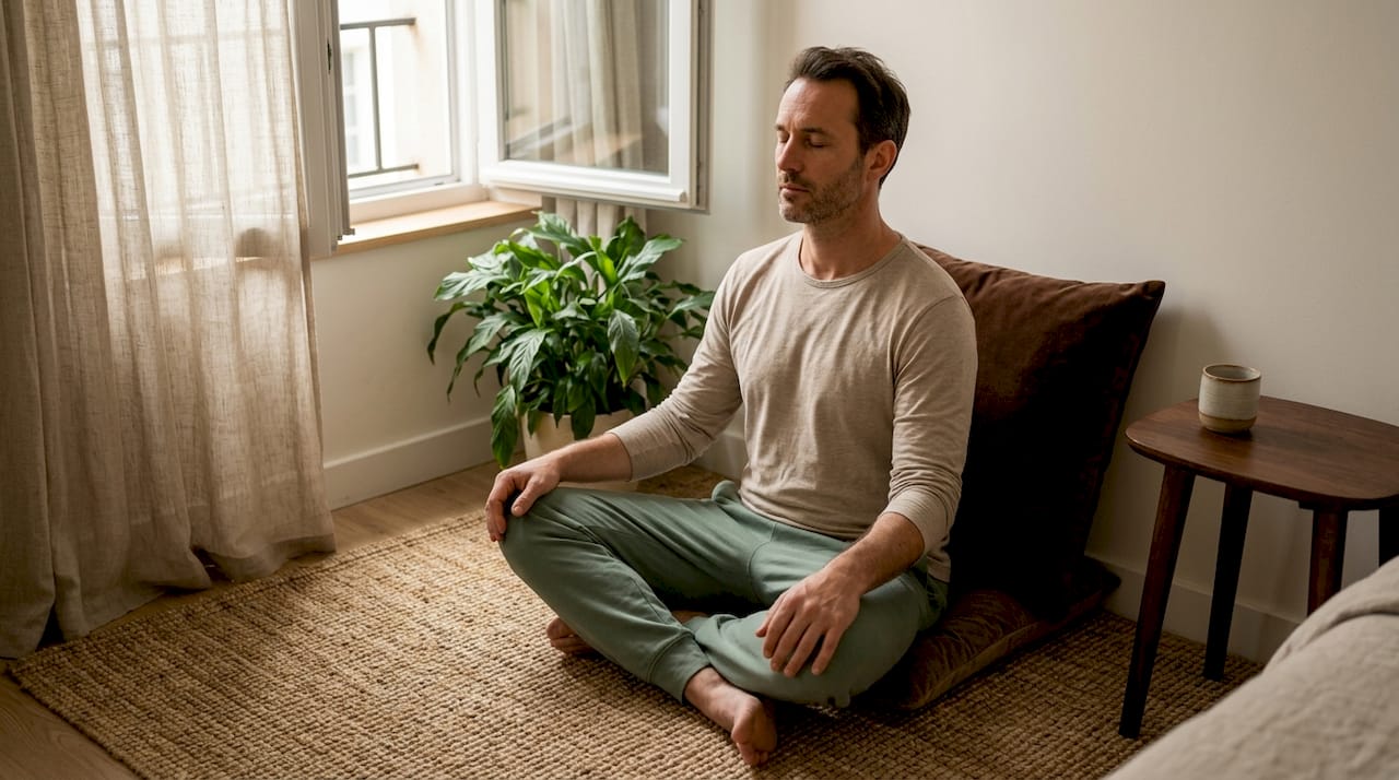 Un homme s'entraîne à la respiration profonde pour favoriser son endormissement et se détendre avant d'aller dormir.