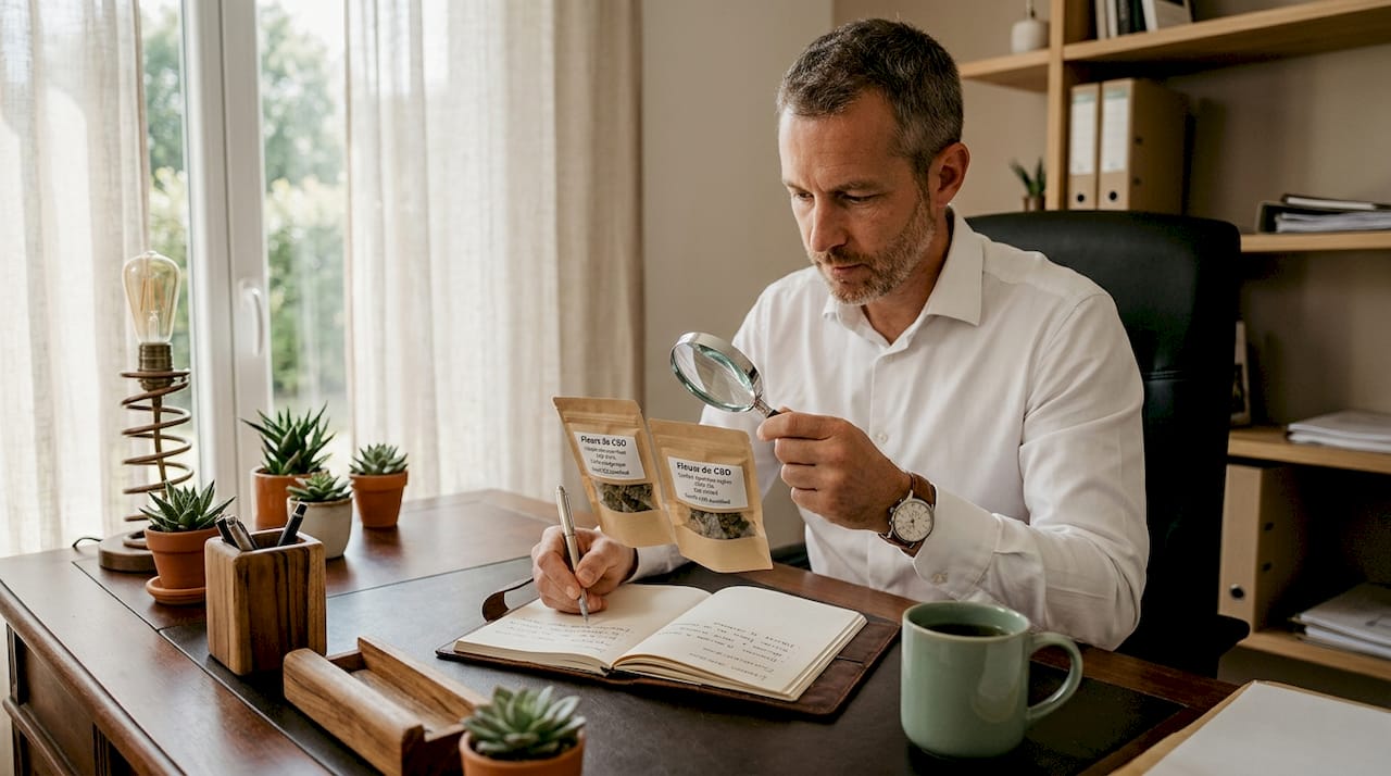 Un homme examine différents sachets de fleurs de CBD pour comparer leur taux de concentration.