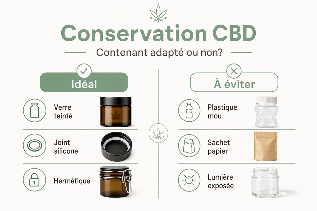 Infographie : les contenants à privilégier et ceux à éviter pour conserver votre CBD