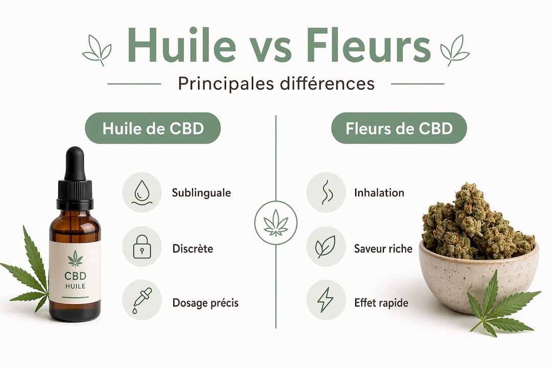 Comparatif visuel : quelles différences entre l’huile de CBD et les fleurs de CBD ?