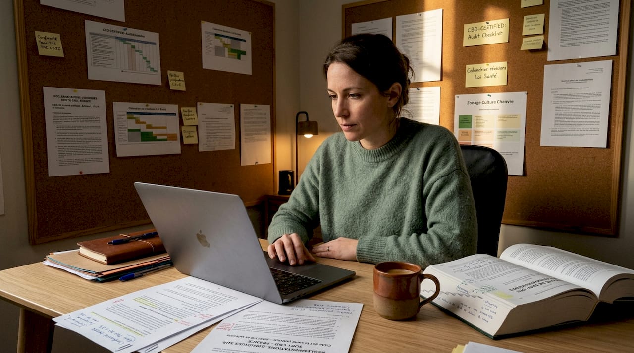 Dans un cabinet d’avocats, une femme examine attentivement la législation encadrant l’utilisation du CBD.