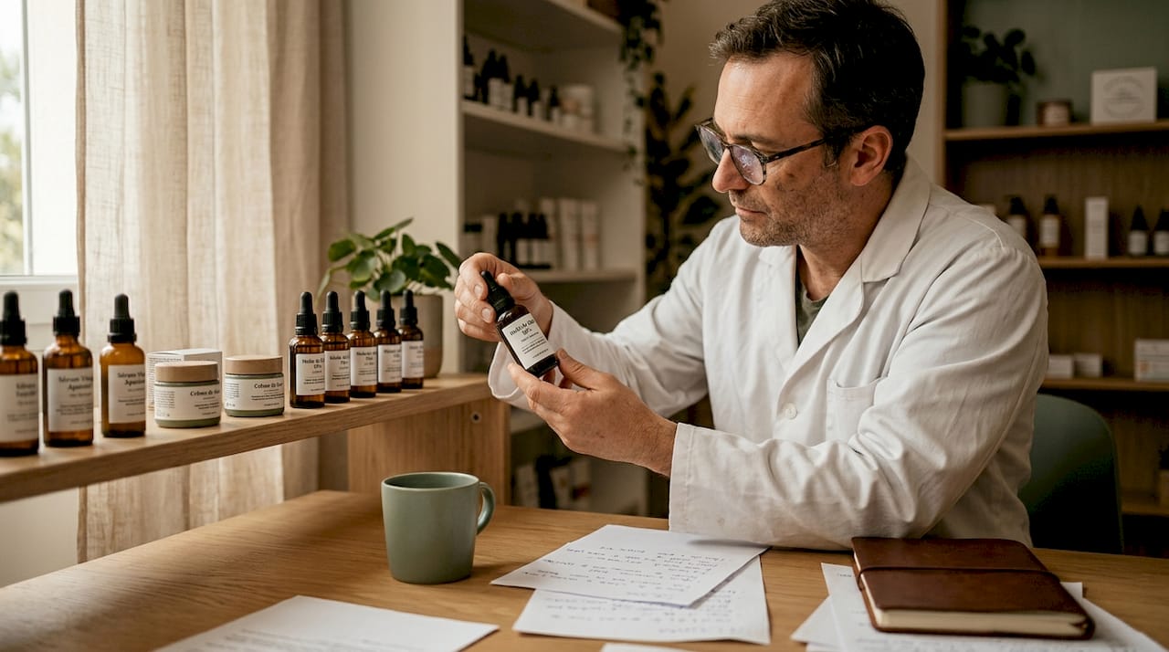 Un pharmacien examine attentivement les huiles de CBD et les produits cosmétiques exposés dans son rayon.