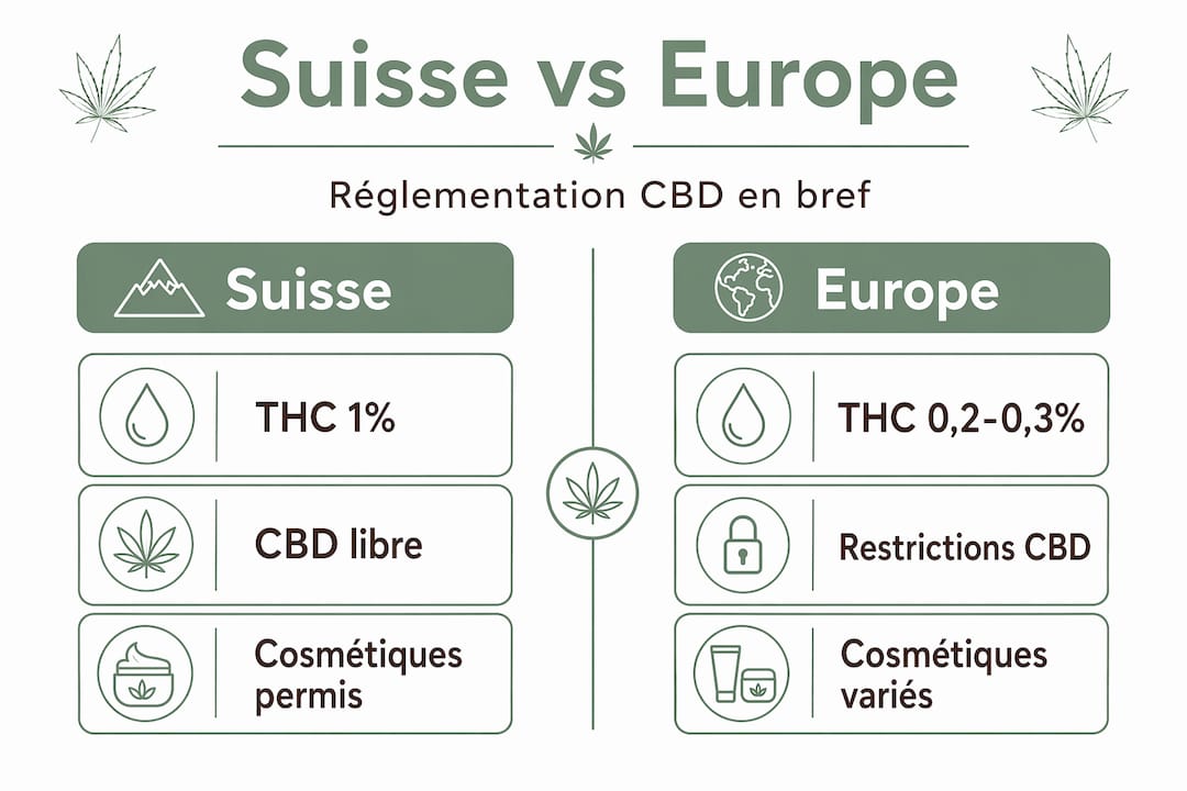 Infographie : diffĂ©rences entre la lĂ©gislation sur le CBD en Suisse et dans le reste de lâEurope