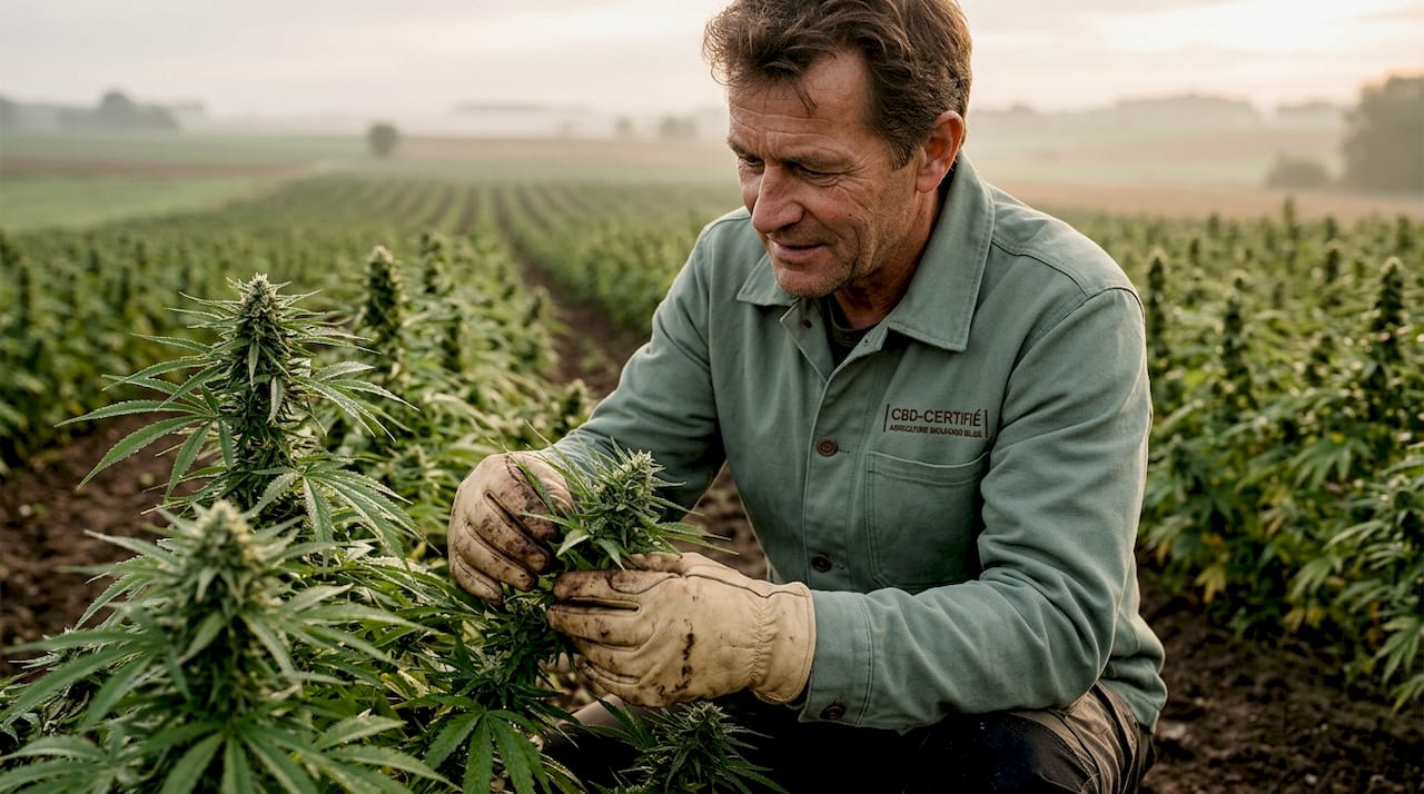 Des mains expertes examinent de près des plants de chanvre bio au cœur des champs.