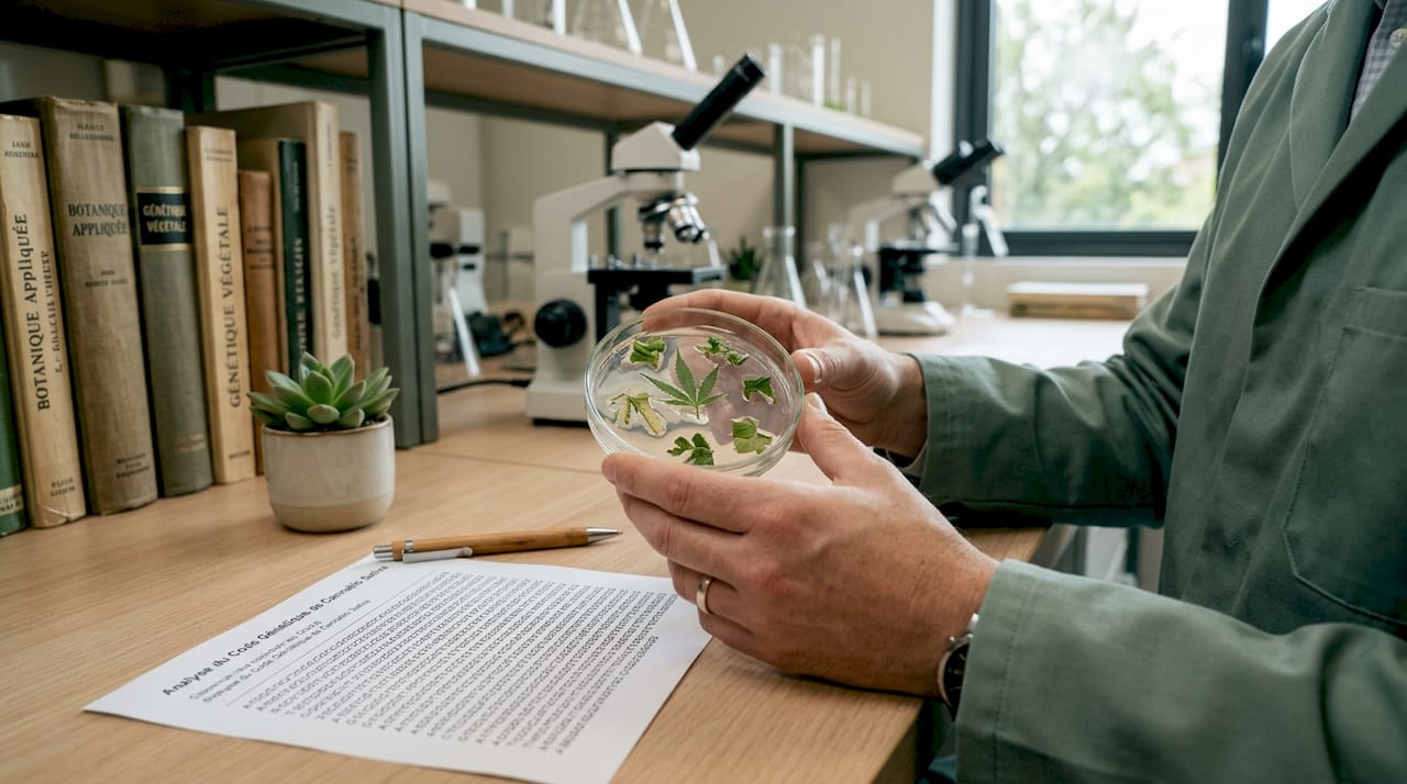 Des mains analysent un échantillon de cannabis en laboratoire pour étudier ses caractéristiques génétiques.