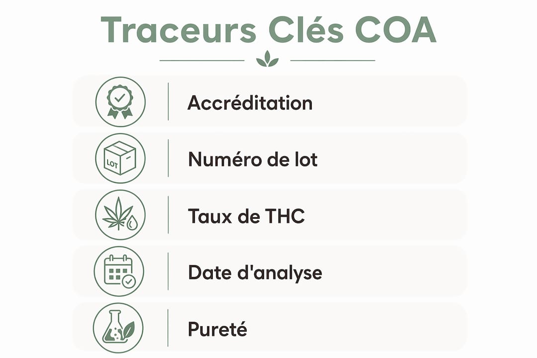 Visuel récapitulatif des principaux indicateurs à vérifier sur un rapport d’analyse (COA) de CBD