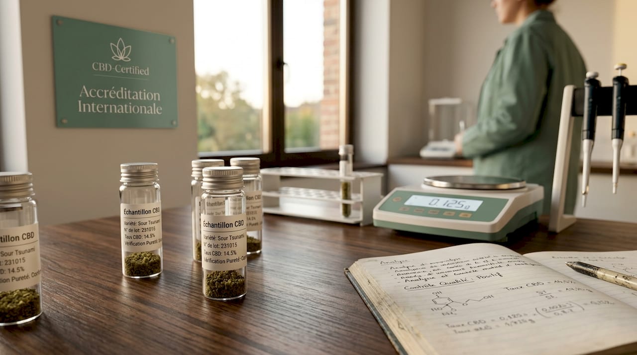 Zoom sur des échantillons de fleurs de CBD conservés dans des fioles de laboratoire.