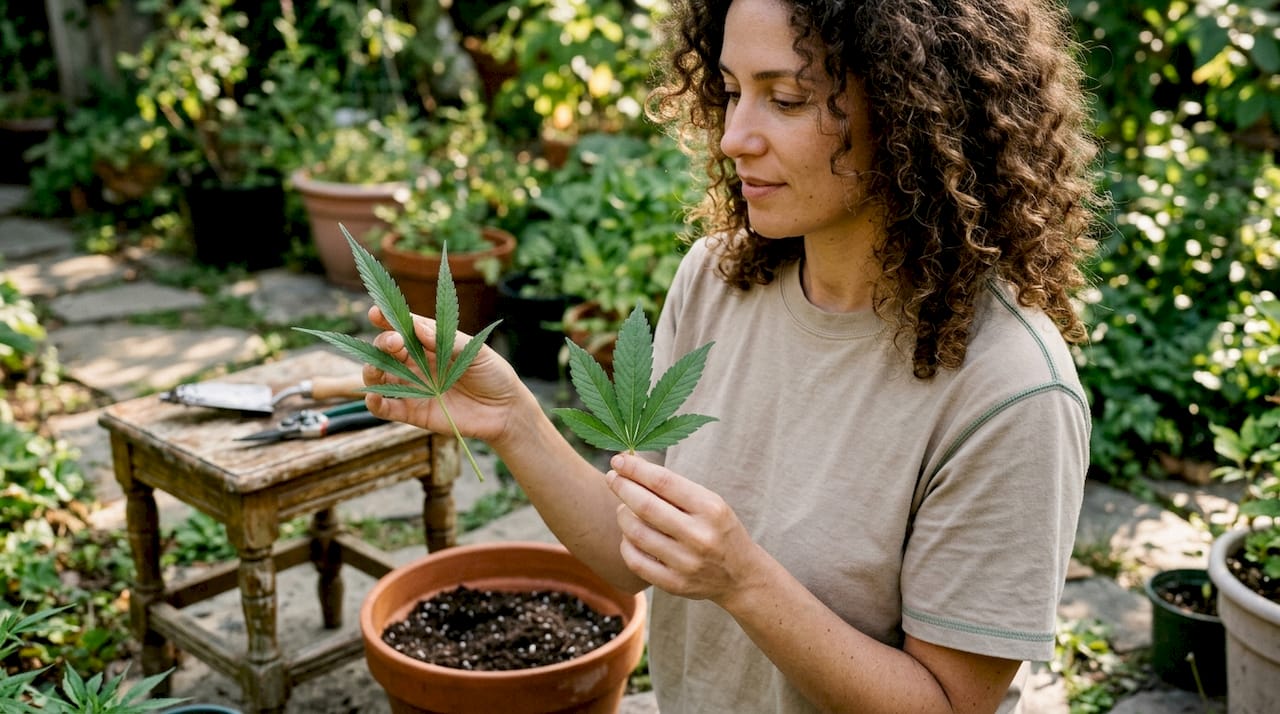 Gros plan sur des mains en train de comparer différentes feuilles de cannabis.