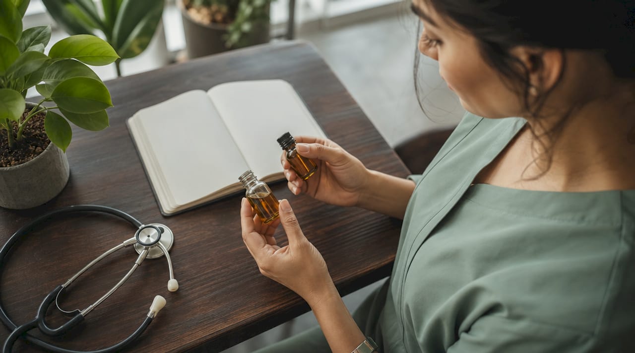 Présentation de deux flacons de CBD, l’un naturel et l’autre synthétique, lors d’une consultation.