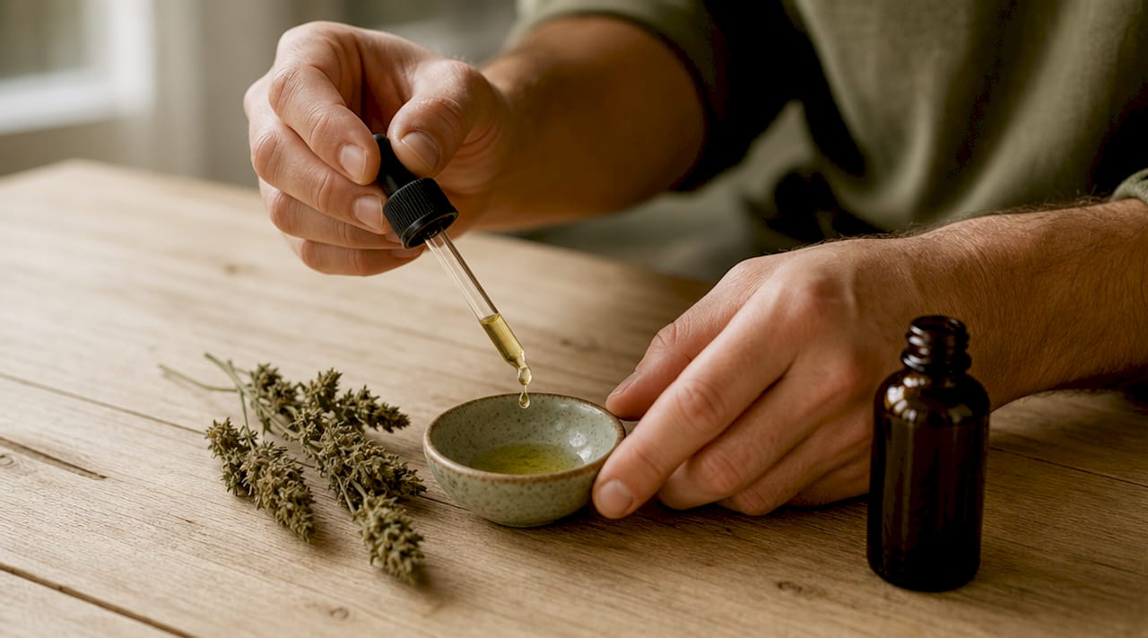 Gros plan sur des mains d’homme utilisant une pipette pour appliquer de l’huile de CBD