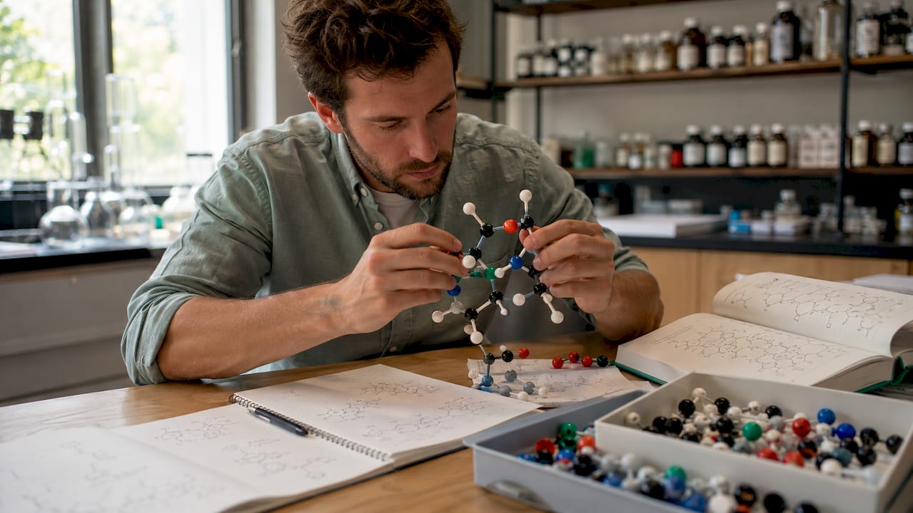 Des mains assemblent une maquette moléculaire représentant un acide cannabinoïde.