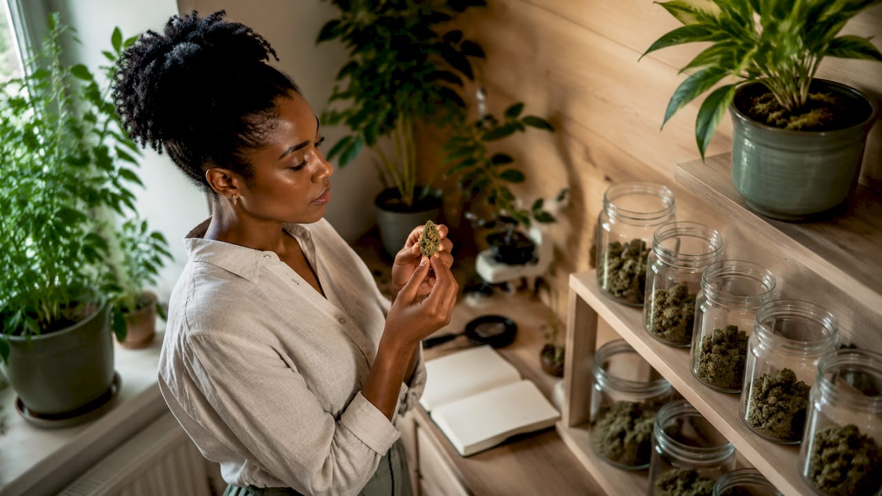 Une femme observe attentivement une tête de CBD séchée à l’aide d’un microscope.