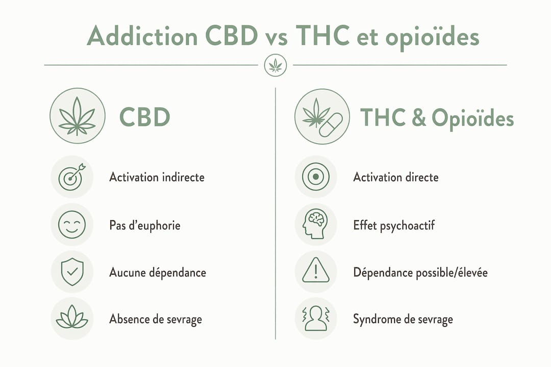 Infographie : mise en perspective des risques d’addiction au CBD, au THC et aux opioïdes