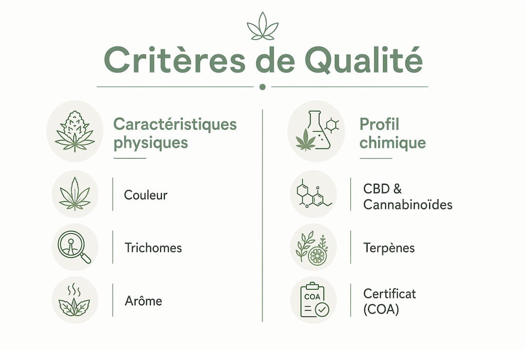 Découvrez en un coup d’œil les principaux critères pour reconnaître des fleurs de CBD de qualité grâce à cette infographie.