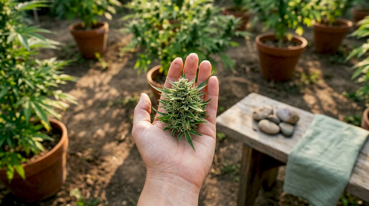 Une main qui présente une fleur de CBD bio fraîchement cueillie
