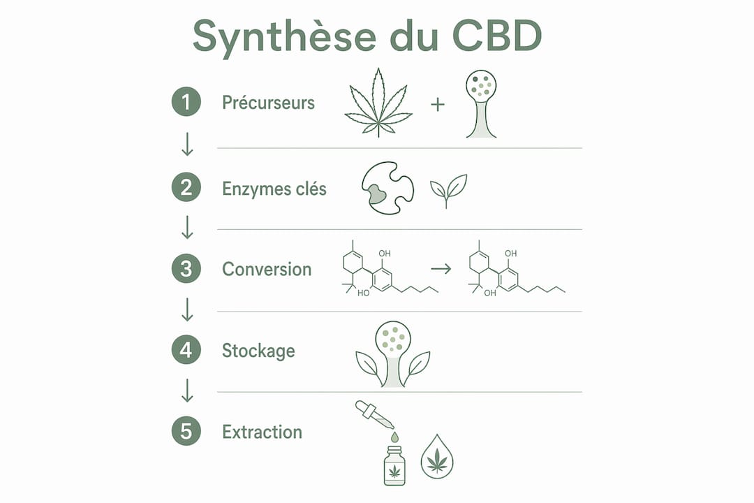 Schéma illustrant les étapes de la biosynthèse du CBD au cœur des trichomes