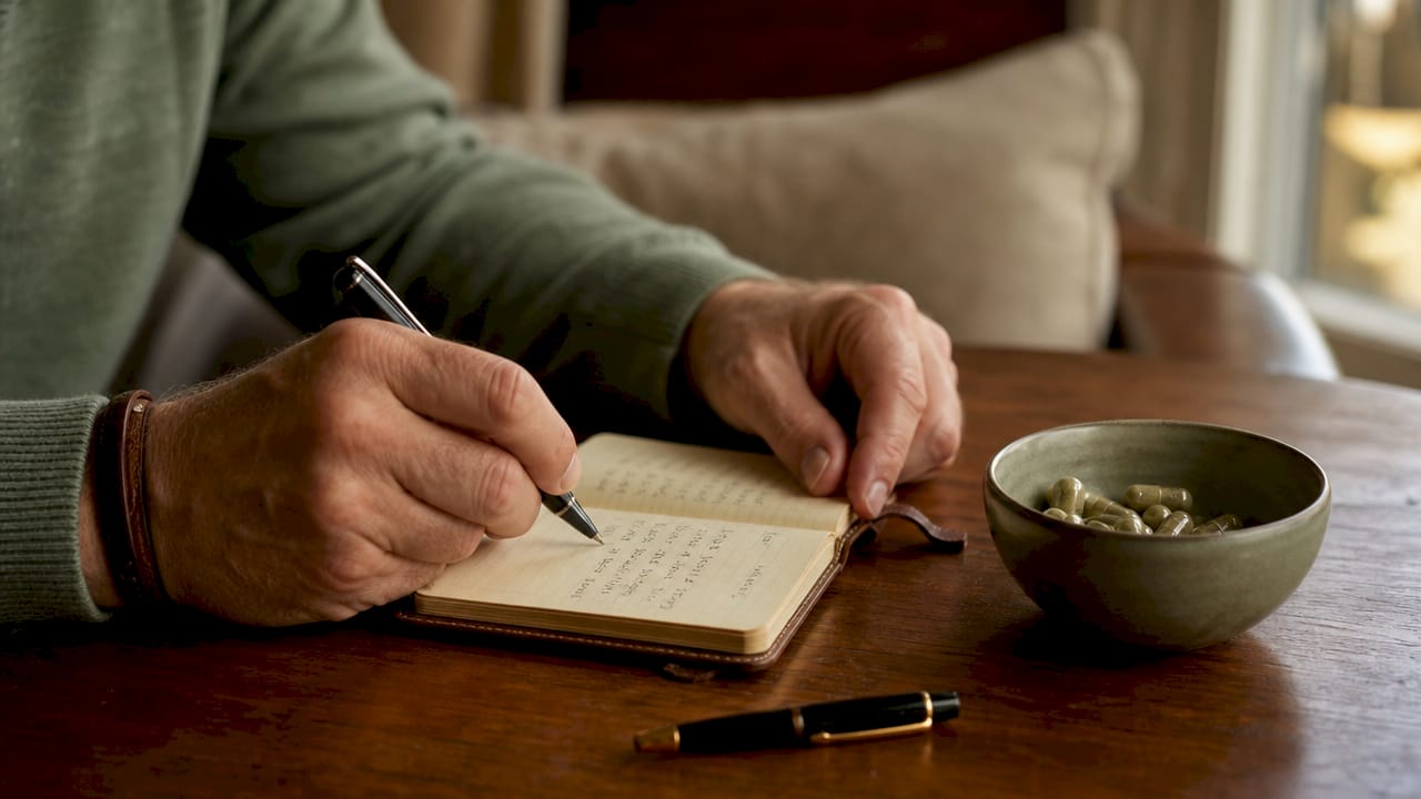 Un homme note dans son carnet les doses de CBD qu’il prend au quotidien.